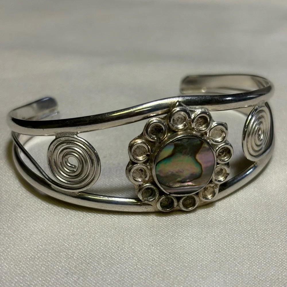 Vintage Abalone Shell Alpaca Silver Cuff Bracelet